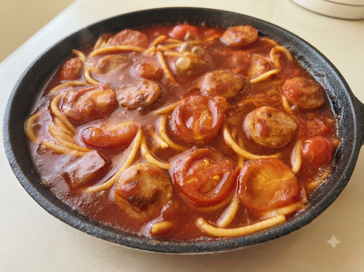 Salsa de pasta roja espesando con espaguetis, rodajas de salchicha y tomates en una sartén.