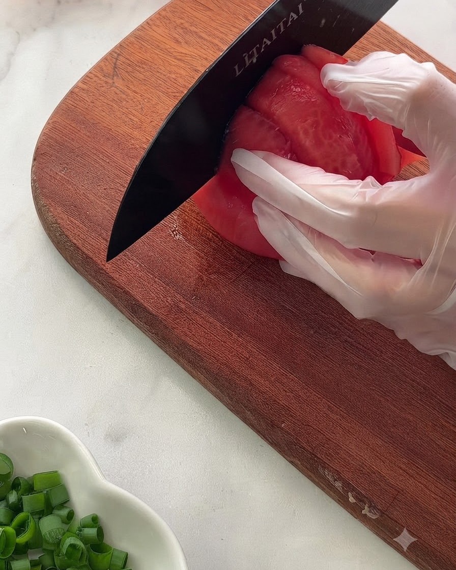 Una mano con un guante protector sostiene un tomate pelado sobre una tabla de cortar de madera mientras lo rebana con un cuchillo negro.