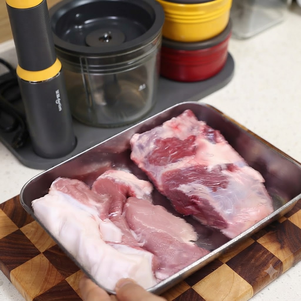 Trozos de cerdo crudo colocados en una bandeja cerca de una tabla de cortar y electrodomésticos de cocina.