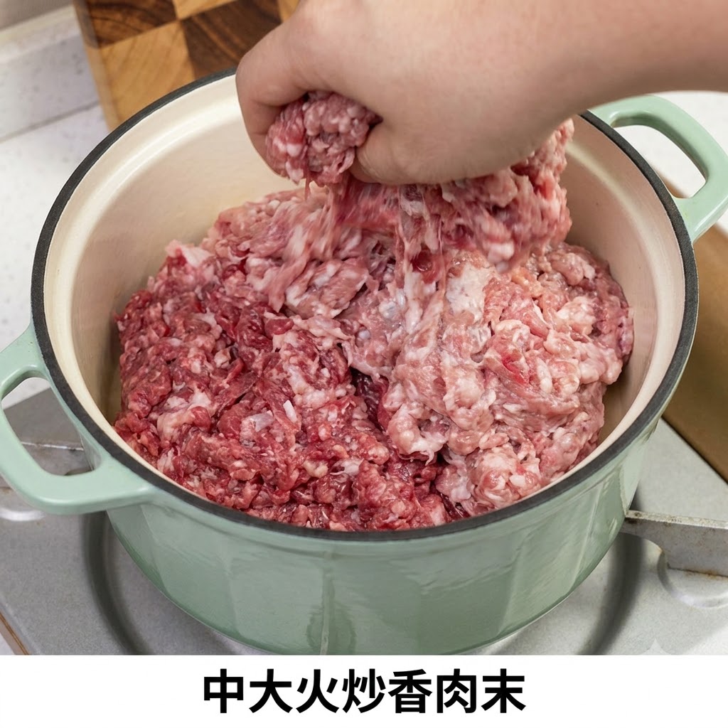 Carne picada agregada y salteada en una olla verde sobre la estufa.
