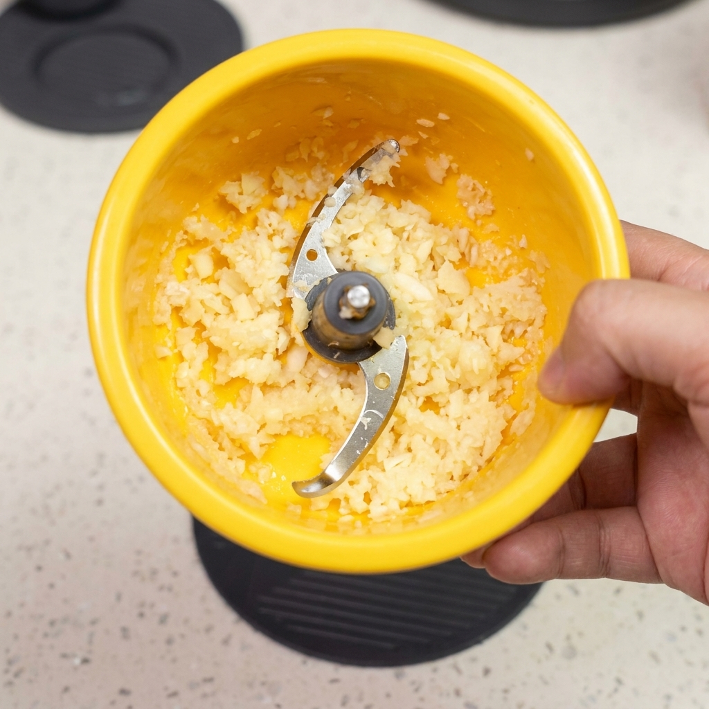 Ajo picado en un pequeño tazón amarillo con un mecanismo de cuchilla.