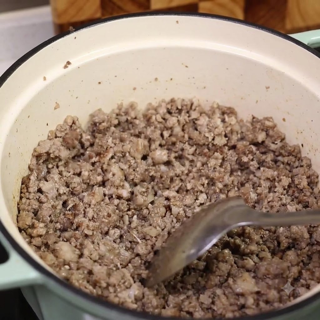 Una espátula sacando la salsa de carne cocida de una olla, revelando un fondo dorado en la base.