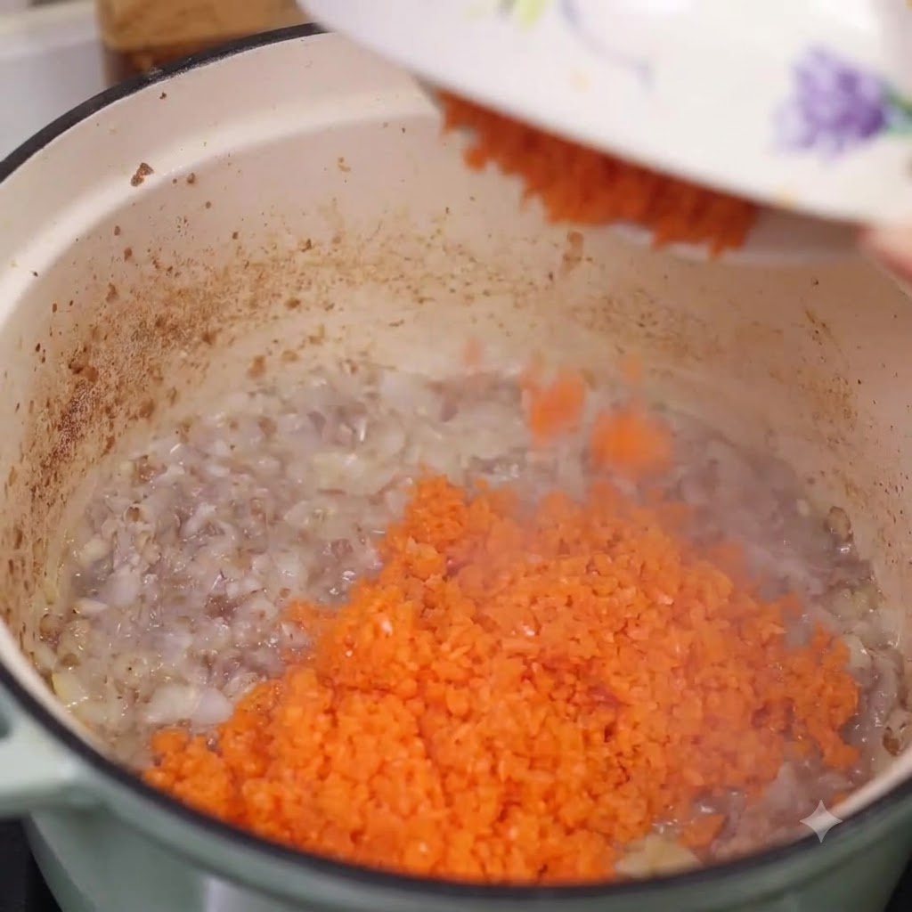 Zanahorias picadas vertidas desde un plato blanco a la olla que contiene la mezcla salteada.