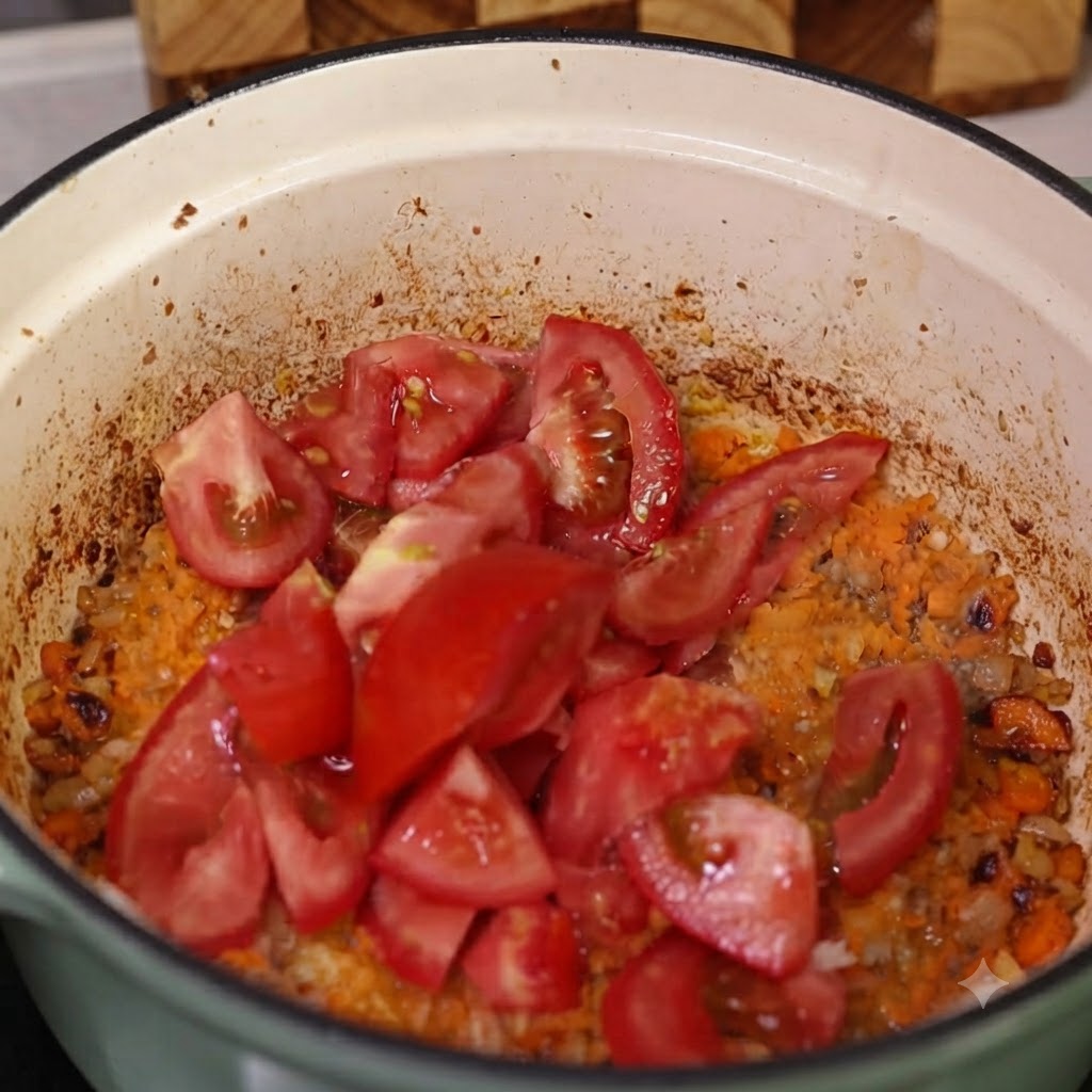 Gajos de tomate fresco y pasta de tomate añadidos a la olla sobre la mezcla de verduras y carne.