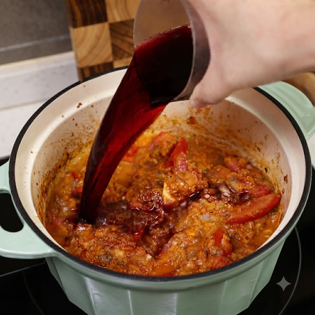 Vino tinto seco vertido desde una taza medidora de vidrio a la olla con la mezcla de tomate y carne.
