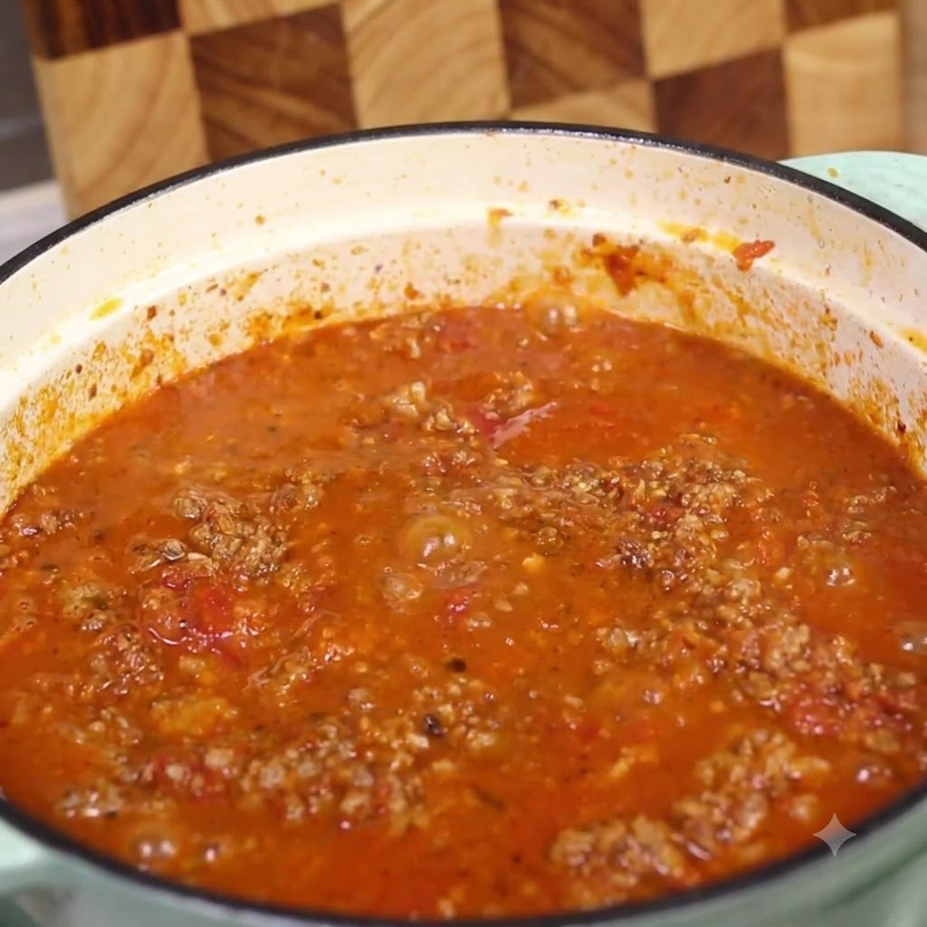 La mezcla de la salsa a fuego lento en la olla después de añadir los condimentos y el líquido.