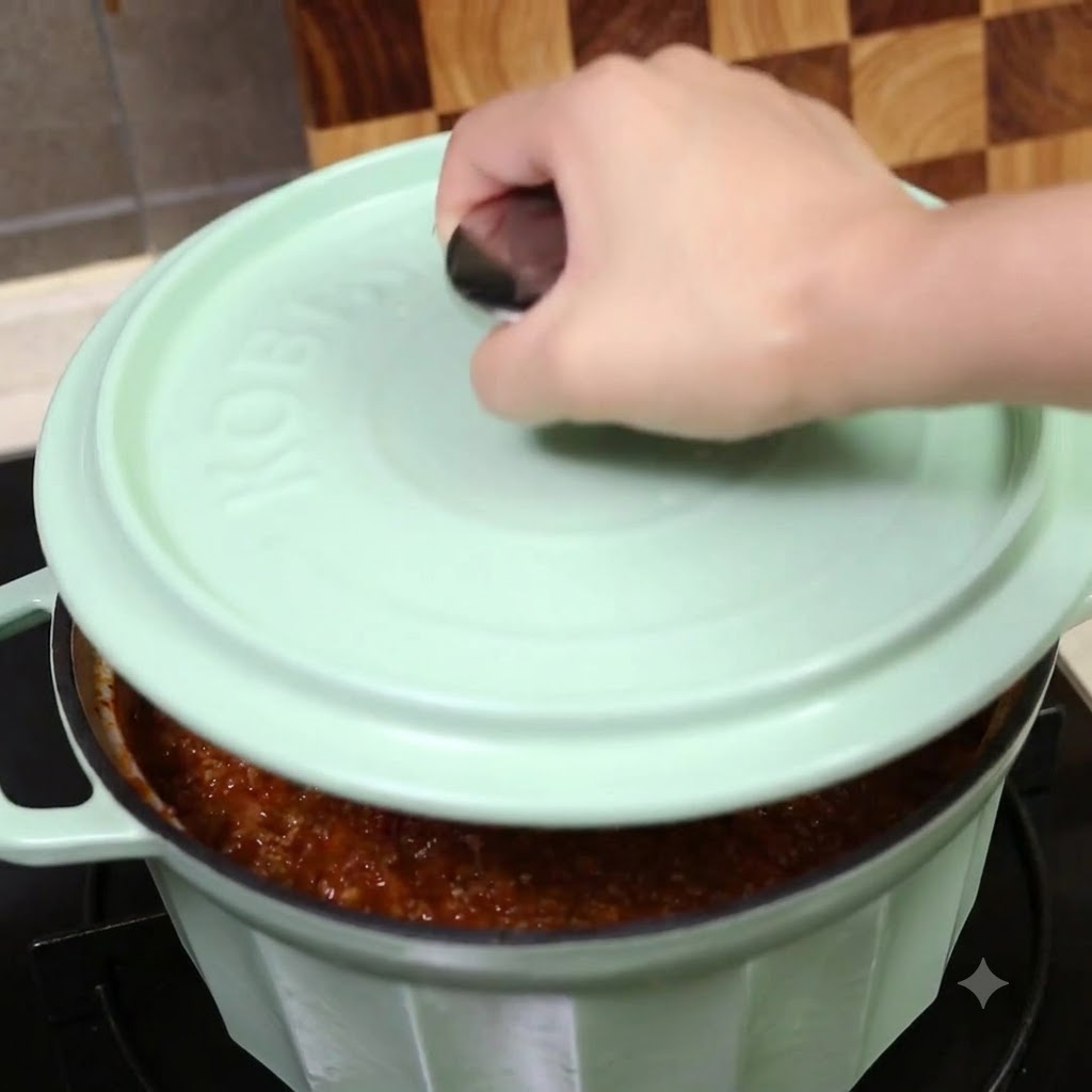 Una mano colocando una tapa verde claro sobre la olla llena con la mezcla de la salsa.