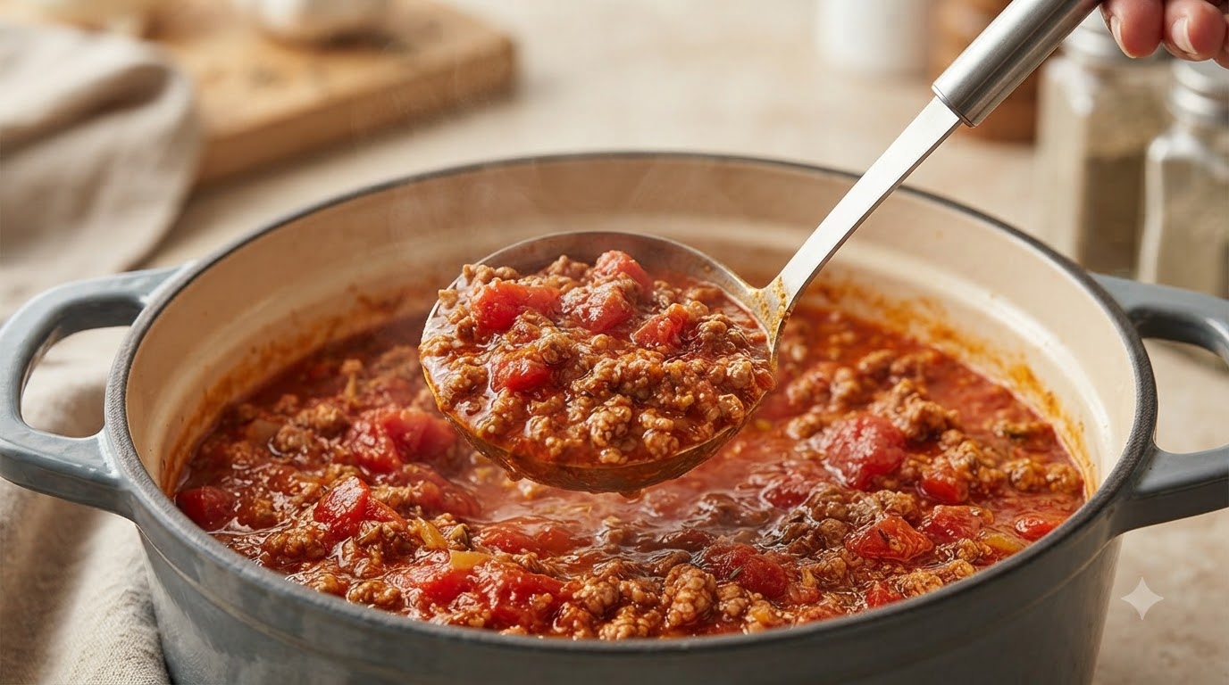 Un cucharón de metal sacando salsa de carne boloñesa espesa y rica de una olla a fuego lento.