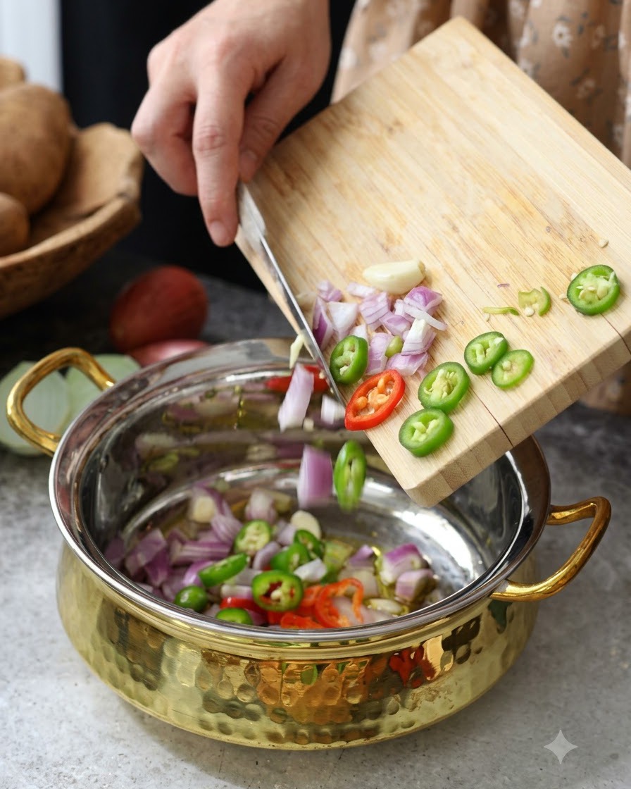 Rodajas de jalapeño y cebollas moradas siendo deslizadas desde una tabla de madera hacia una olla de metal con aceite caliente.