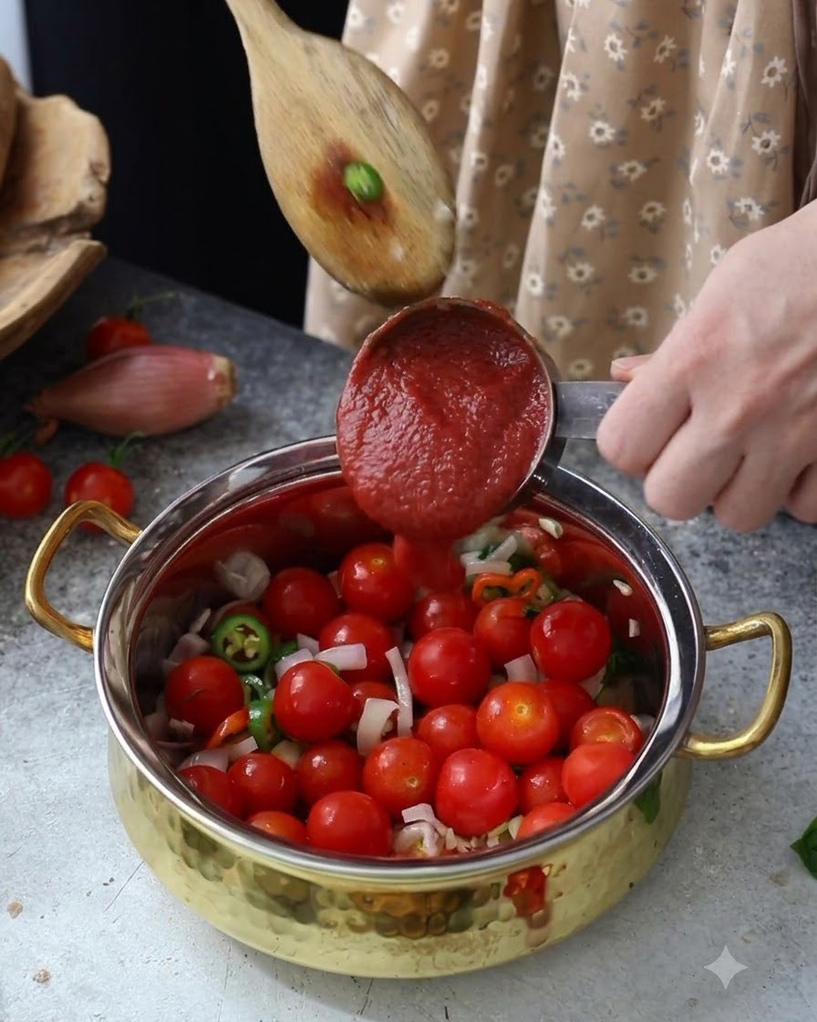 Puré de tomate siendo vertido desde una taza medidora en una olla llena de tomates cherry y verduras salteadas.