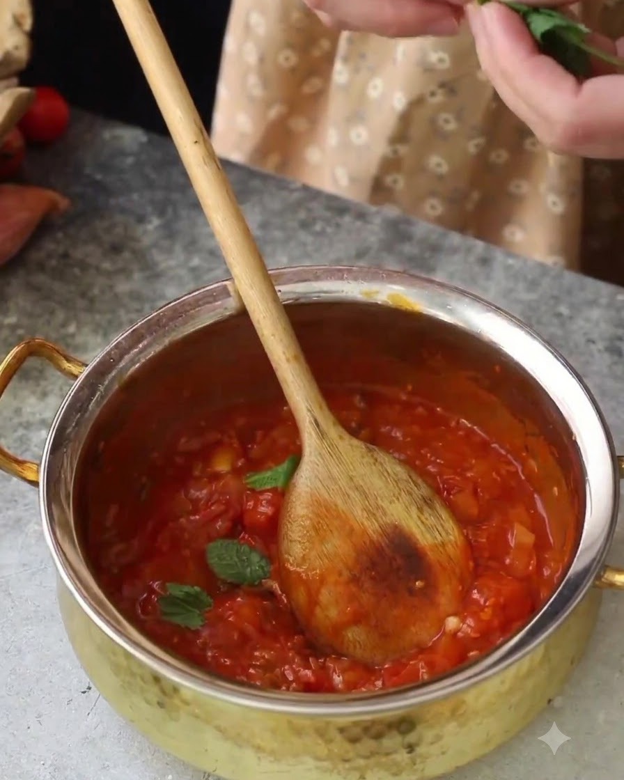 Una cuchara de madera removiendo una salsa de tomate roja que hierve a fuego lento en una olla mientras se añaden hojas de albahaca fresca.