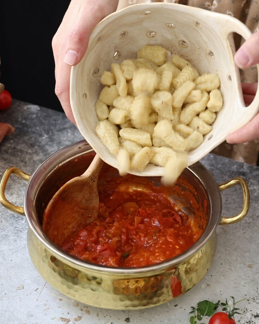 Ñoquis cocidos siendo vertidos desde un colador de cerámica a una olla con salsa de tomate roja.