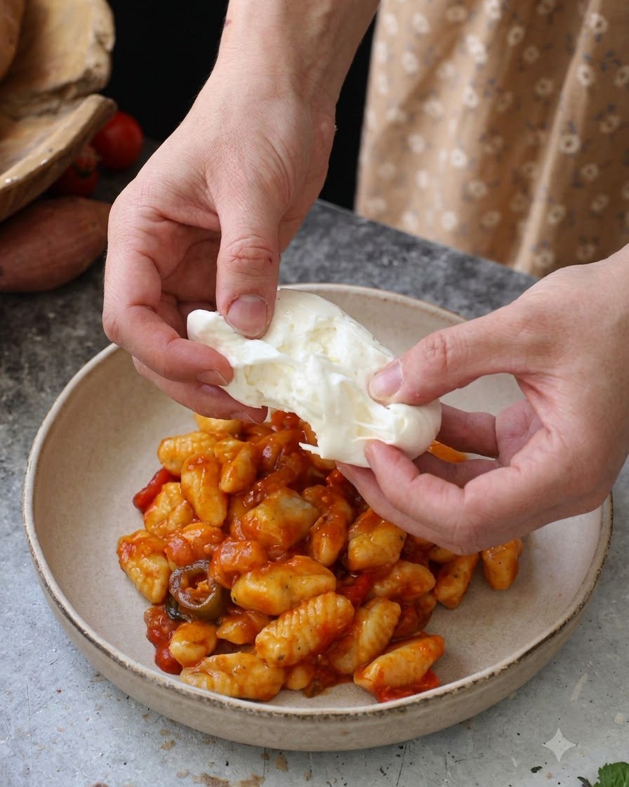 Manos desmenuzando queso burrata blanco fresco sobre un bol de ñoquis en salsa de tomate.