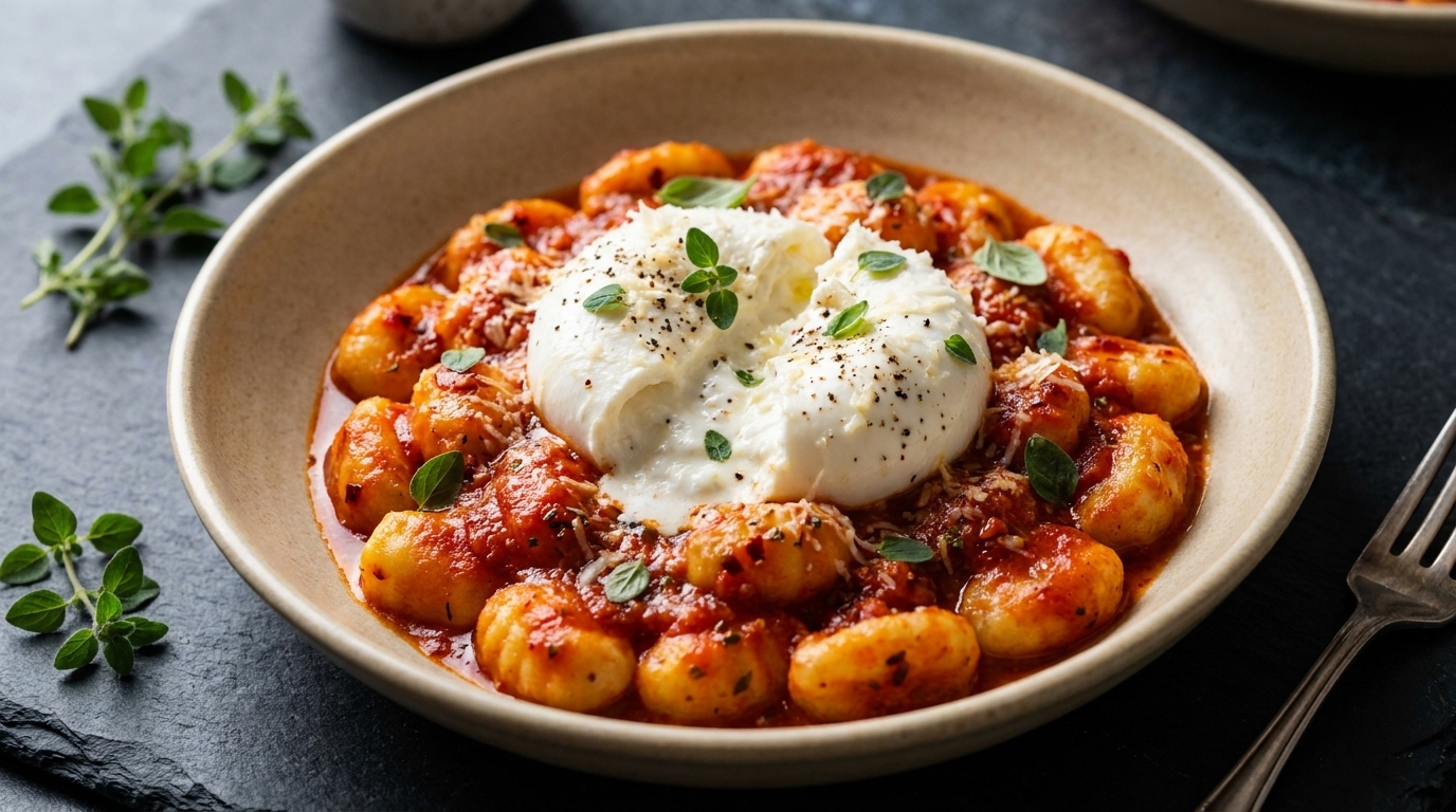 Ñoquis de Patata Caseros con Salsa Picante de Tomate y Burrata