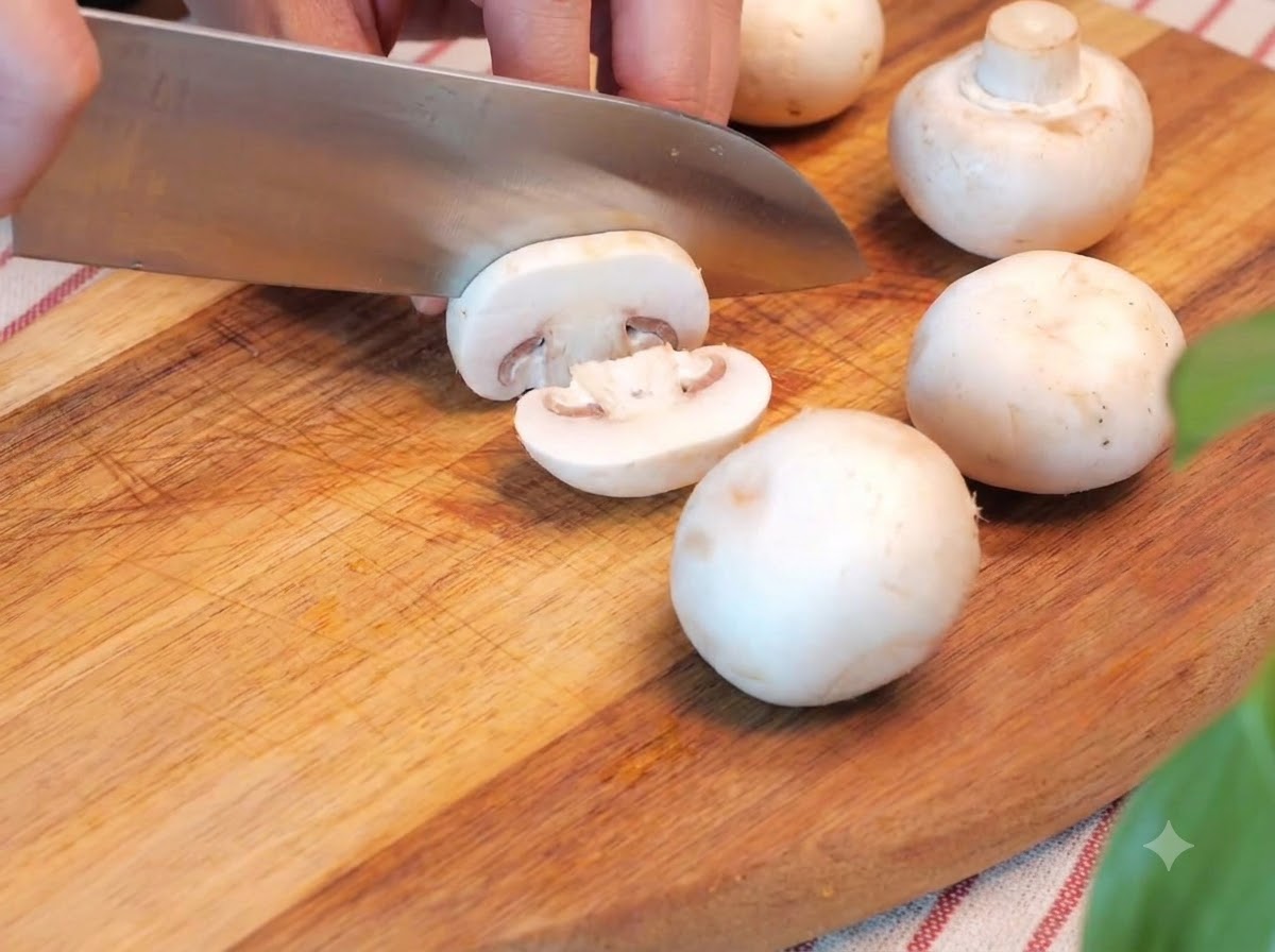 Un cuchillo de cocina cortando champiñones blancos en una tabla de cortar de madera junto a mitades de albóndigas y tomates cherry.