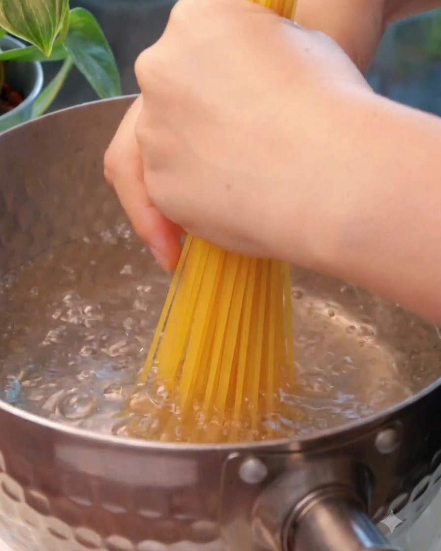 Manos sosteniendo un manojo de espaguetis secos y sumergiéndolo en una olla con agua hirviendo a borbotones.