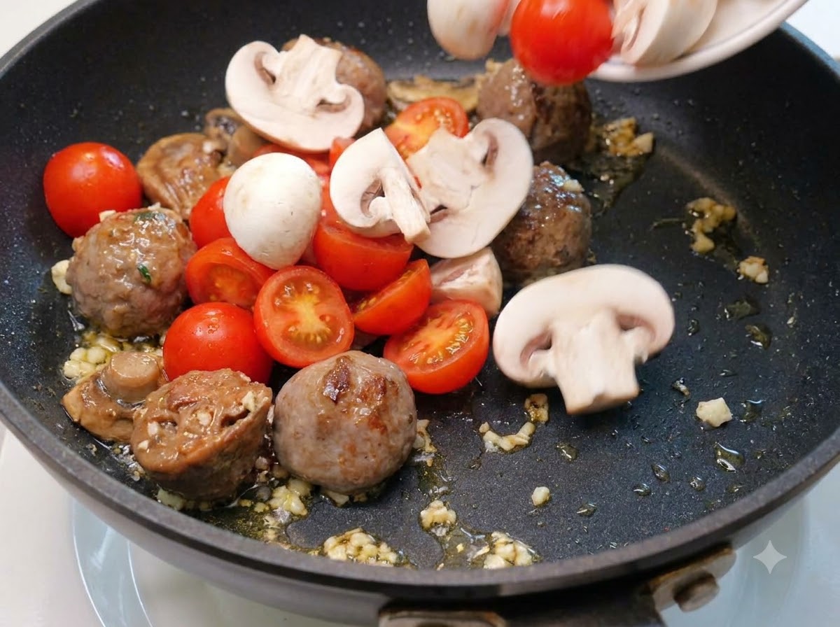 Tomates cherry y champiñones en rodajas siendo mezclados en la sartén con las albóndigas y el ajo.