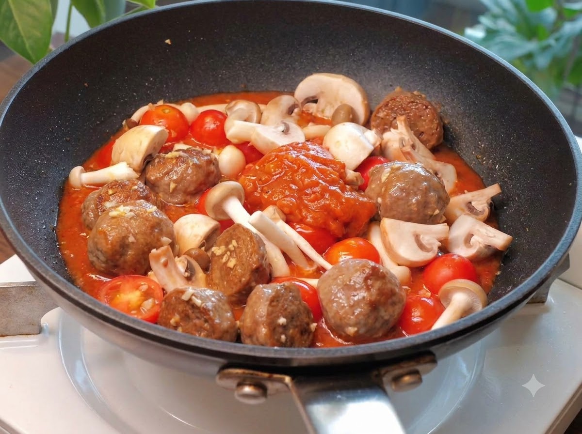 Salsa roja para pasta siendo vertida desde un envase en una sartén que contiene albóndigas, champiñones y tomates.
