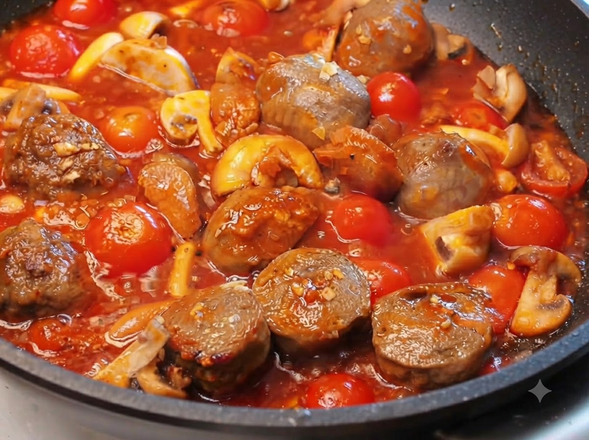 Fideos de espagueti hervidos siendo mezclados en una sartén llena de rica salsa de tomate, champiñones y albóndigas.