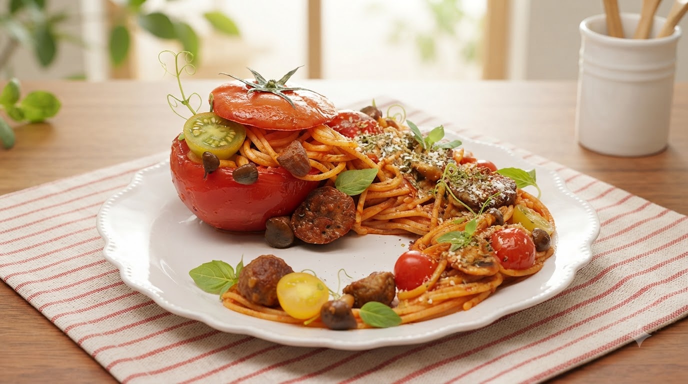 Espaguetis con Albóndigas de Ternera en Bol de Tomate Asado