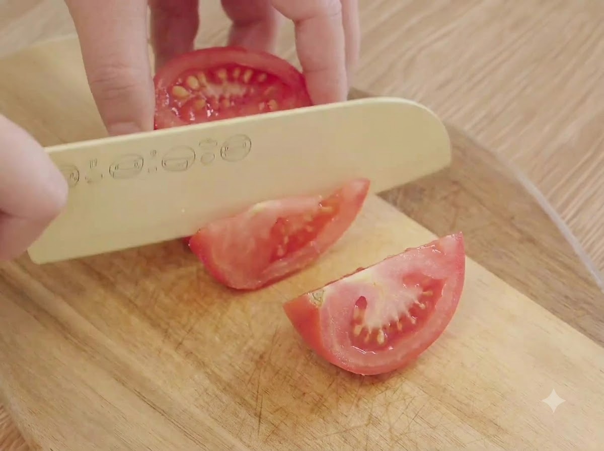 Tomates rojos frescos cortados en trozos pequeños con un cuchillo sobre una tabla de madera.