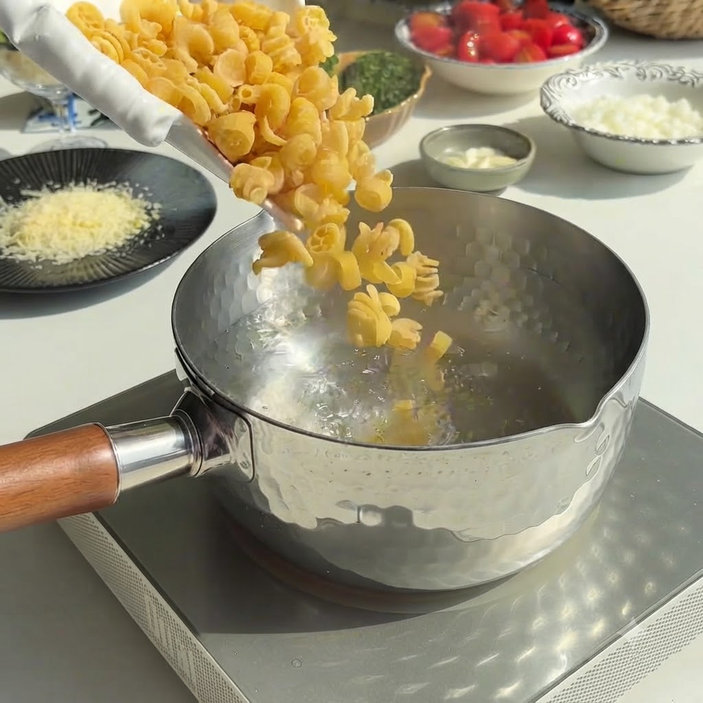 Pasta hirviendo en una olla con agua burbujeante sobre la estufa.