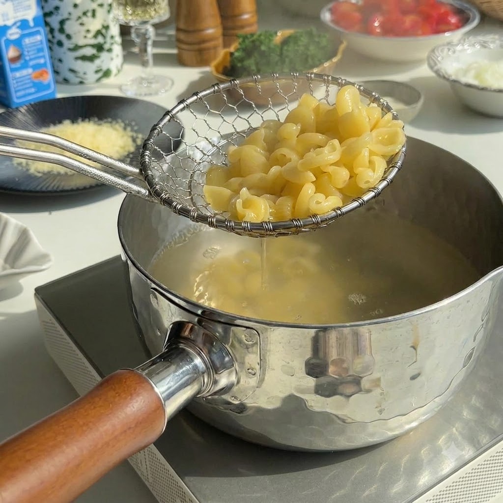 Trozos de salmón friéndose en aceite caliente hasta dorarse y volteándose con pinzas.