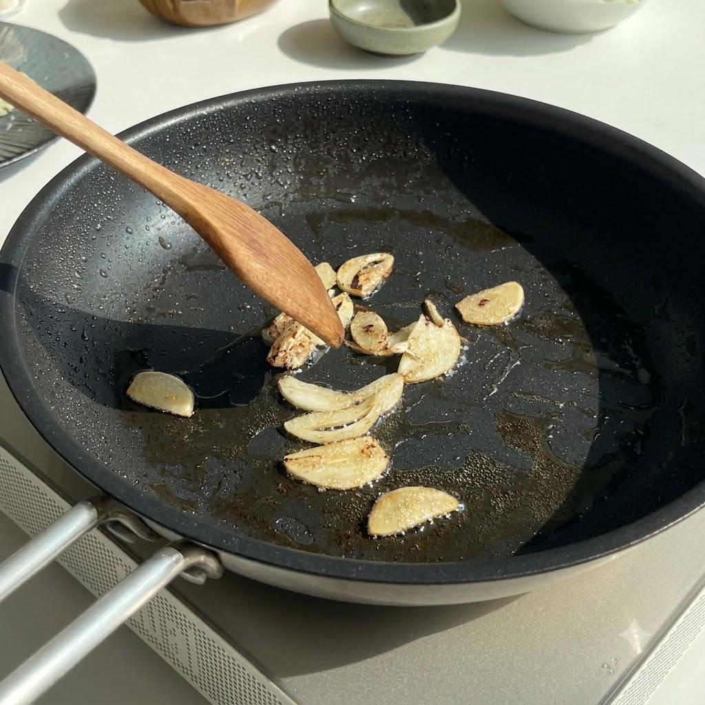 Ajo en rodajas y cebolla picada salteándose en una sartén con una espátula de madera.