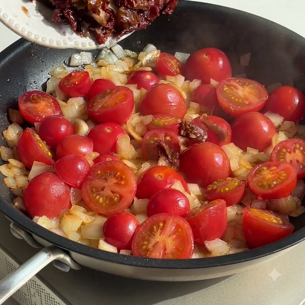Tomates secos incorporados con pinzas en la sartén con los tomates y la cebolla.