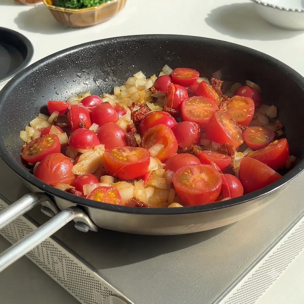 Agua cayendo desde un recipiente hacia una sartén llena de tomates cherry y cebolla.