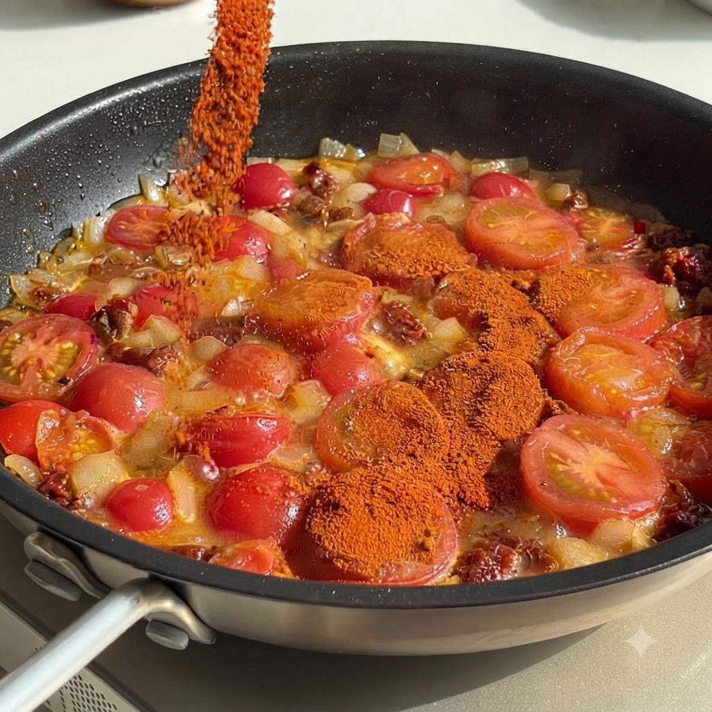 Chile en polvo siendo esparcido desde un recipiente sobre una sartén burbujeante con tomates y cebolla.