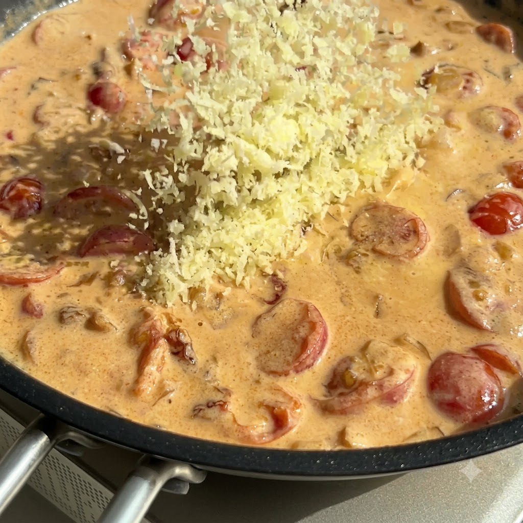 Queso parmesano rallado espolvoreado sobre una salsa cremosa de tonos anaranjados en una sartén.
