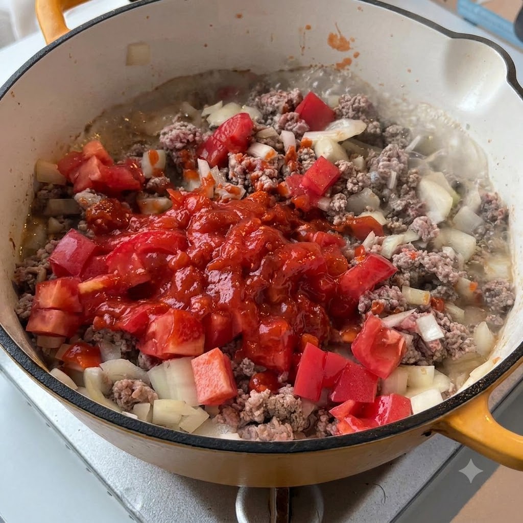 Tomates rojos en cubitos y salsa de pasta roja vibrante vertida sobre carne y cebollas doradas en una sartén.