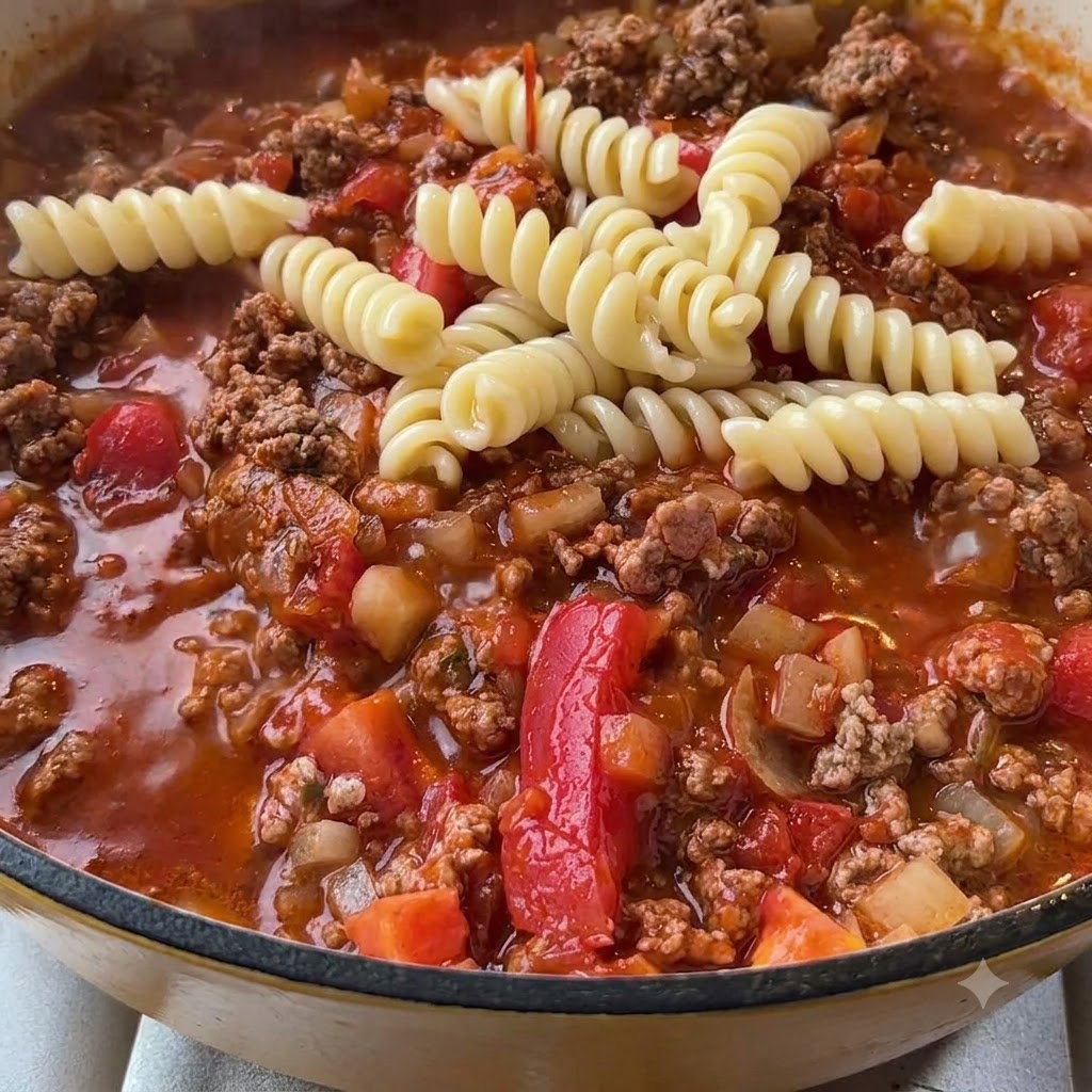 Pasta fusilli en espiral cocida reposando sobre una salsa de carne y tomate rica y burbujeante.