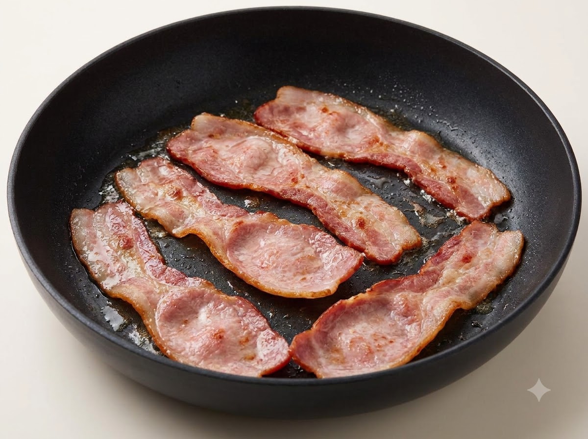 Tiras de tocino friéndose y chisporroteando en una sartén negra.