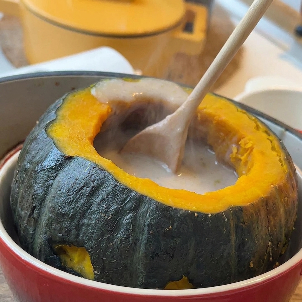 Sopa cremosa caliente siendo servida con cuchara en un recipiente de mini calabaza tallada.