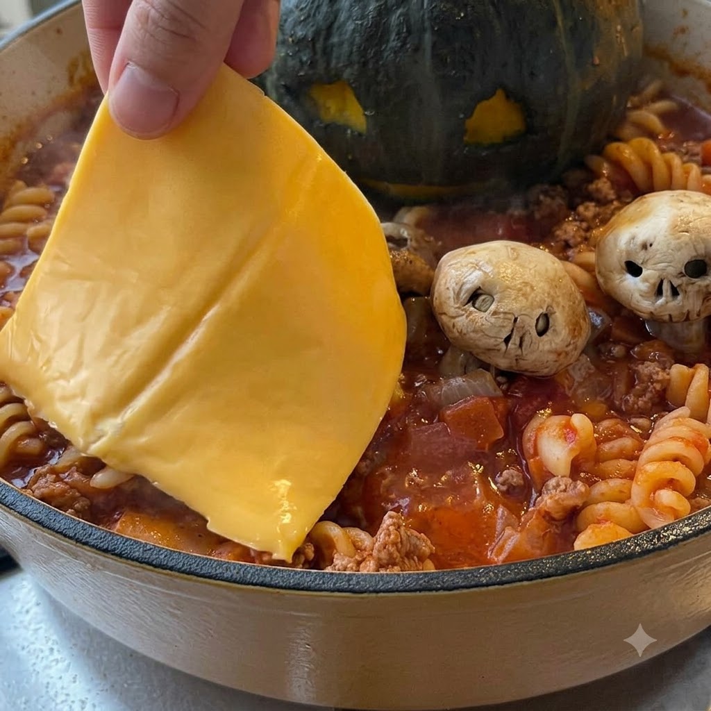 Una mano colocando una rebanada de queso amarillo sobre pasta caliente para crear una guarnición de fantasma.