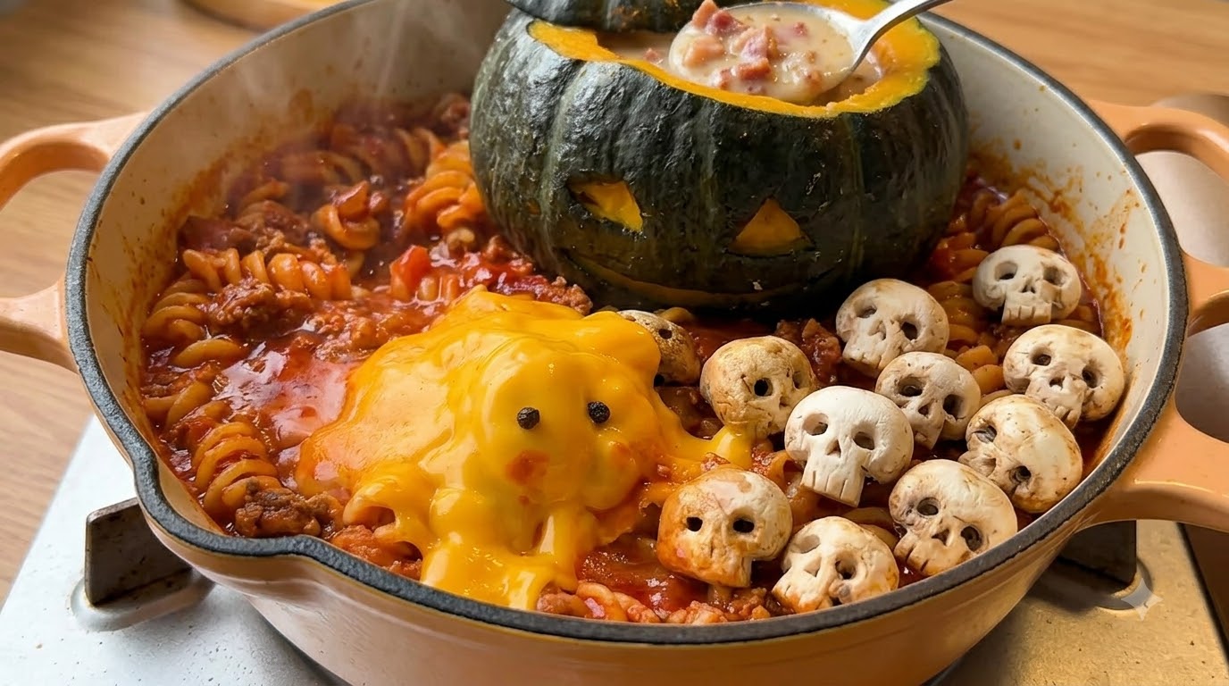 Pasta de Tomate con Ternera y Sopa Cremosa de Calabaza de Halloween