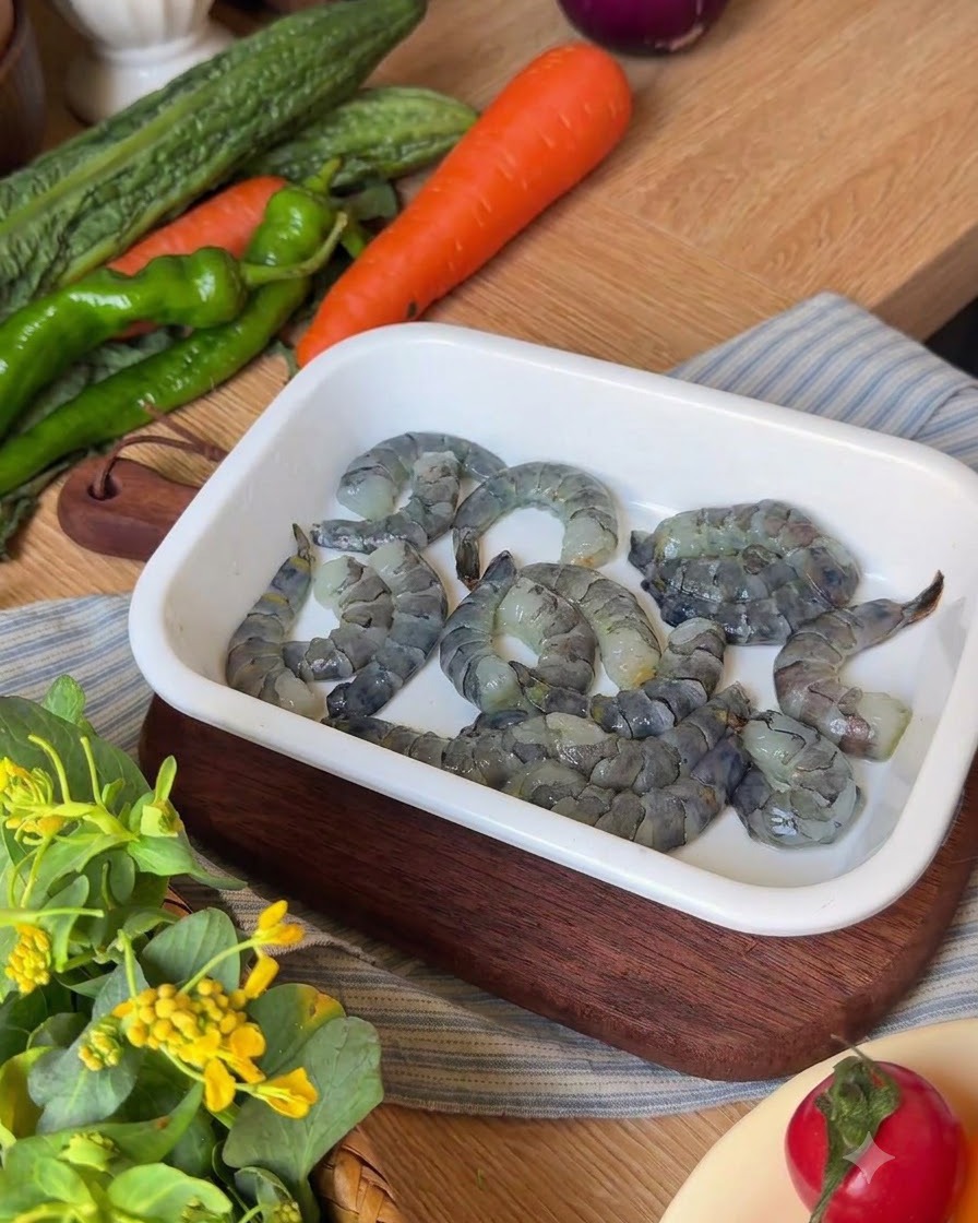 Camarones crudos recién pelados en una bandeja blanca siendo sazonados con pimienta negra recién molida.