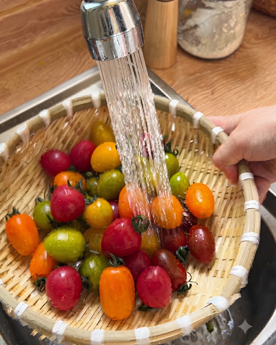 Un colador de bambú lleno de tomates cherry multicolores siendo enjuagados bajo el grifo de la cocina.