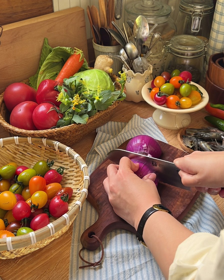 Una mano sosteniendo un cuchillo de chef cortando una cebolla morada en una tabla de cortar de madera oscura.