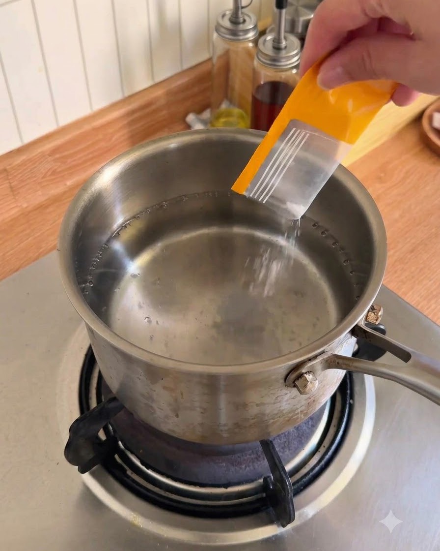 Una mano vertiendo condimento y aceite de un paquete amarillo en una olla con agua hirviendo en una estufa.