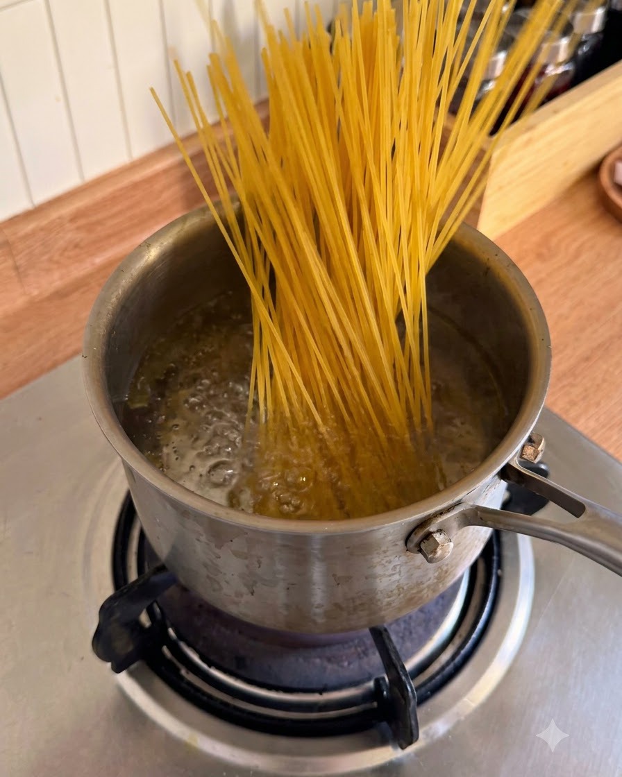 Fideos de espagueti seco siendo introducidos en una olla de agua hirviendo y burbujeante.