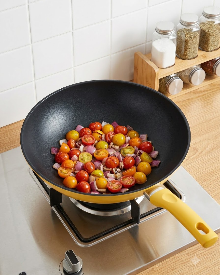 Tomates cherry cortados a la mitad siendo vertidos desde un tazón blanco en un wok con cebollas salteadas.