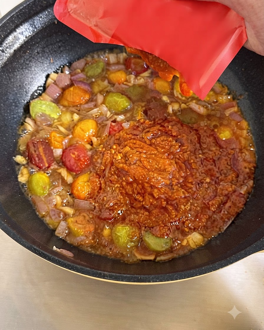 Salsa de carne roja siendo exprimida desde un paquete hacia un wok lleno de verduras hirviendo a fuego lento y caldo.