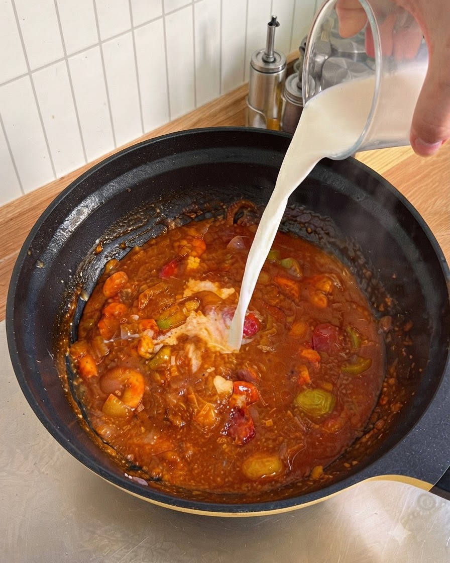 Leche siendo vertida desde una taza medidora de vidrio en una sartén con salsa de tomate y verduras hirviendo a fuego lento.