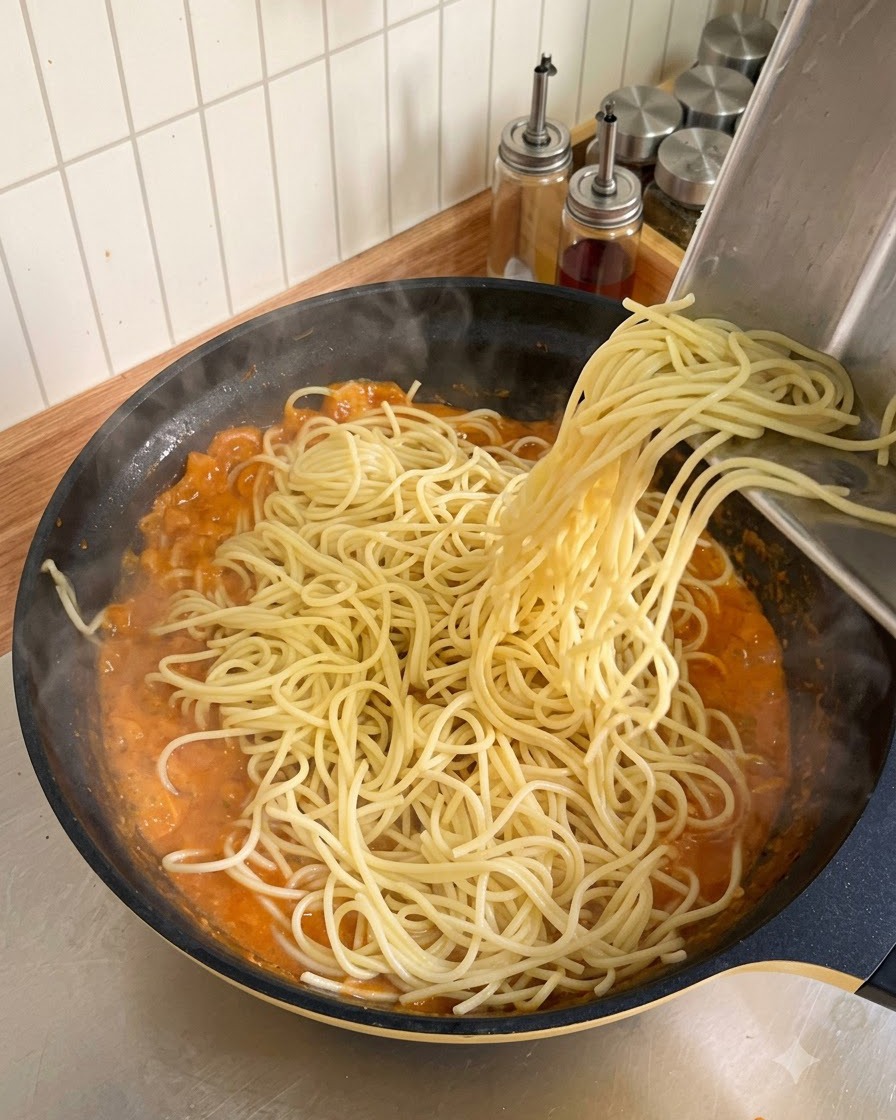 Fideos de espagueti hervidos deslizándose desde una bandeja de metal hacia una sartén grande con salsa de tomate cremosa.