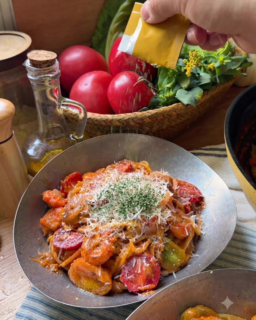 Un pequeño paquete amarillo sostenido sobre un bol de pasta, espolvoreando hojuelas de perejil verde seco sobre el queso derretido y los tomates.