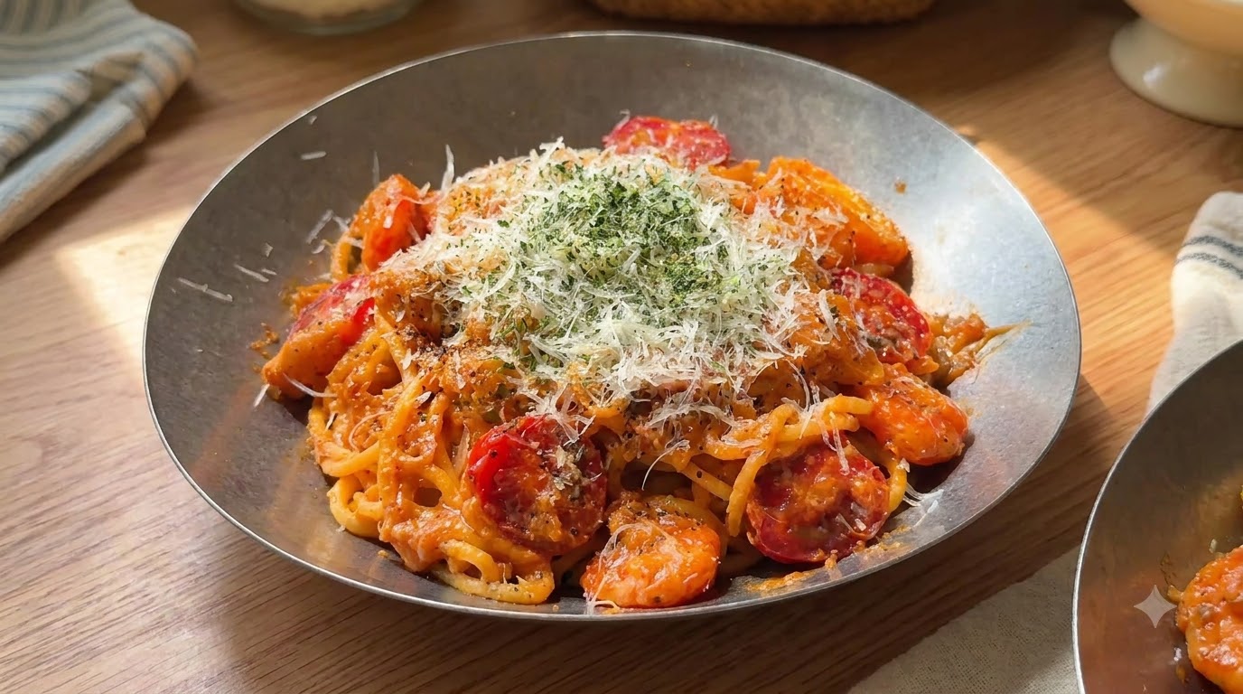 Dos boles generosos de pasta cremosa con tomate y camarones, adornados con queso rallado y perejil seco.
