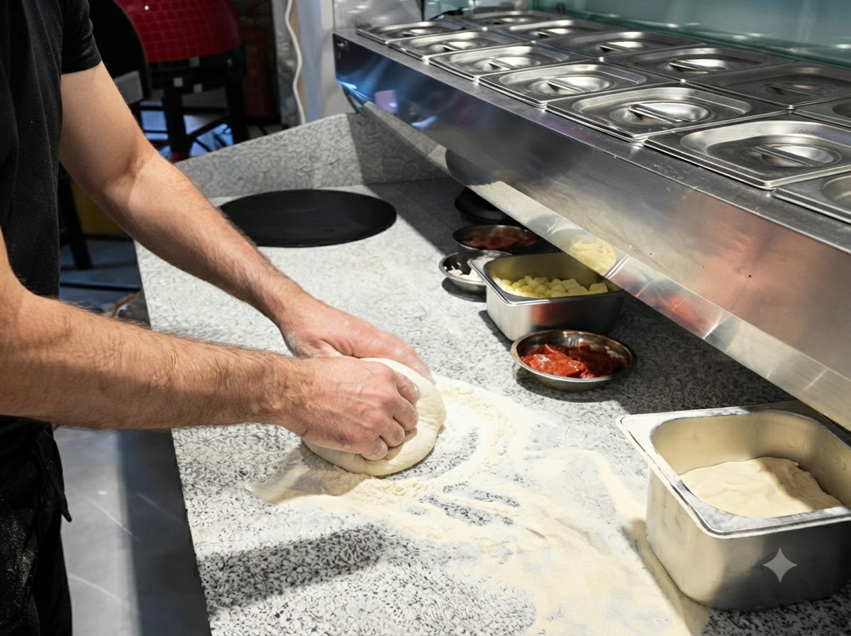 Primer plano de unas manos estirando una bola de masa de pizza sobre una encimera enharinada.